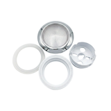 Exploded view of the Artesian 5-inch stainless steel light housing assembly, including the chrome lens rim, translucent gasket, threaded white mounting ring, and rear housing socket.