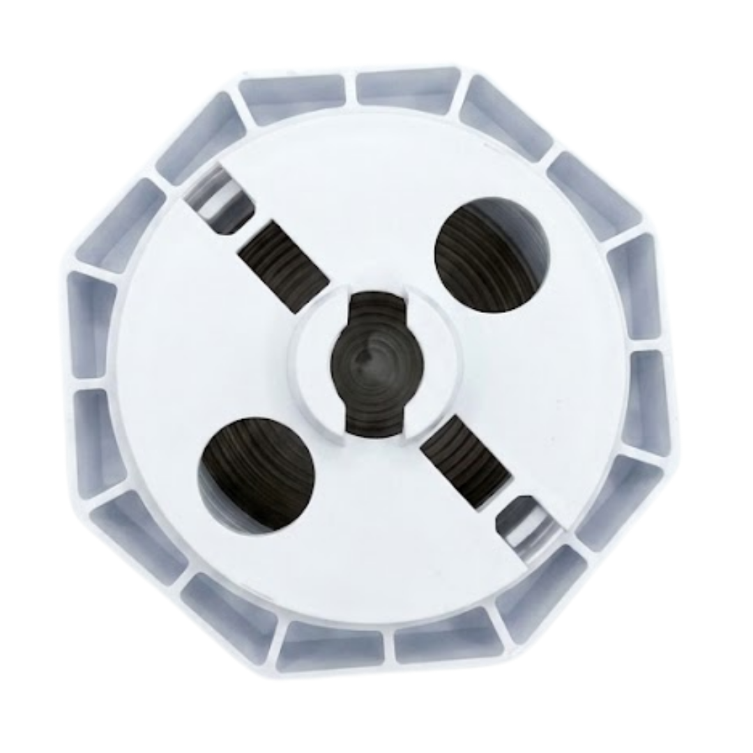 Direct rear view of an Artesian 5-inch light housing assembly, showing the white plastic octagonal rear casing, bulb socket openings, and mounting features isolated on white.