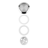 Vertical overhead view showing disassembled components of the Artesian 5-inch light housing assembly arranged in sequence: stainless steel rim with lens, clear sealing gasket, threaded white mounting ring, and rear socket body.