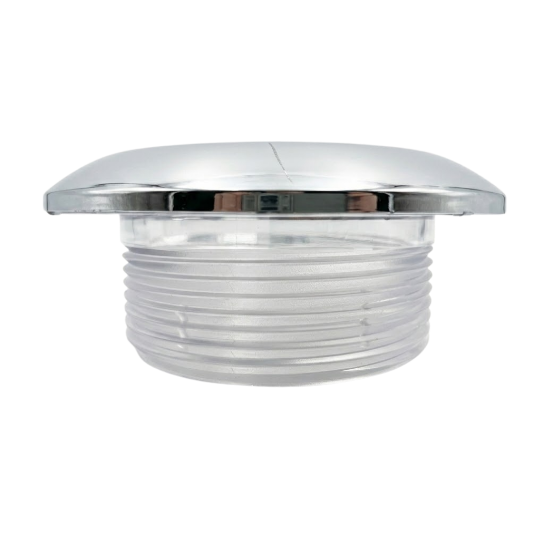 Side view of the Artesian 5-inch light housing lens assembly, showing the polished stainless steel chrome bezel and transparent threaded lens body isolated on a white background.