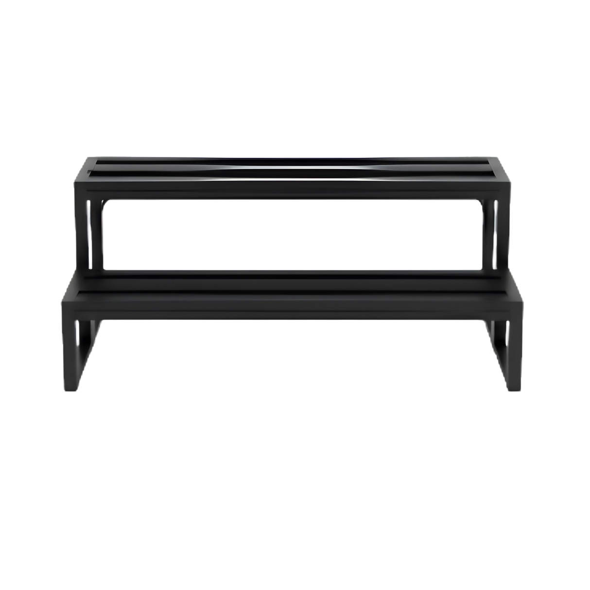 Front view of black Artesian modular aluminium 2-tier steps for hot tubs