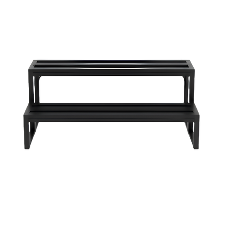 Front view of black Artesian modular aluminium 2-tier steps for hot tubs