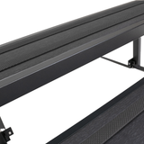 Close-up detail of black Artesian modular aluminium spa steps highlighting the non-slip textured safety grip treads.