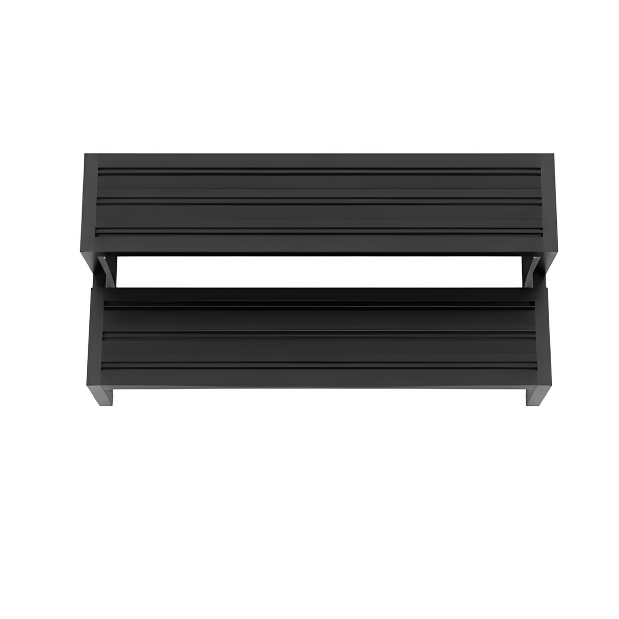 Overhead top-down view of black Artesian modular aluminium 2-tier spa steps showing textured non-slip treads