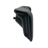 Straight side profile view of a dark charcoal black foam replacement lounger headrest pillow for an Artesian hot tub, showing its right angle structure, front cushioning profile, and rear plastic attachment pin on a white background.