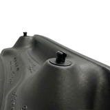 Close-up structural view of the reverse side of a dark charcoal black foam replacement lounger headrest pillow for an Artesian hot tub, focusing on the split black snap-in fastener peg.