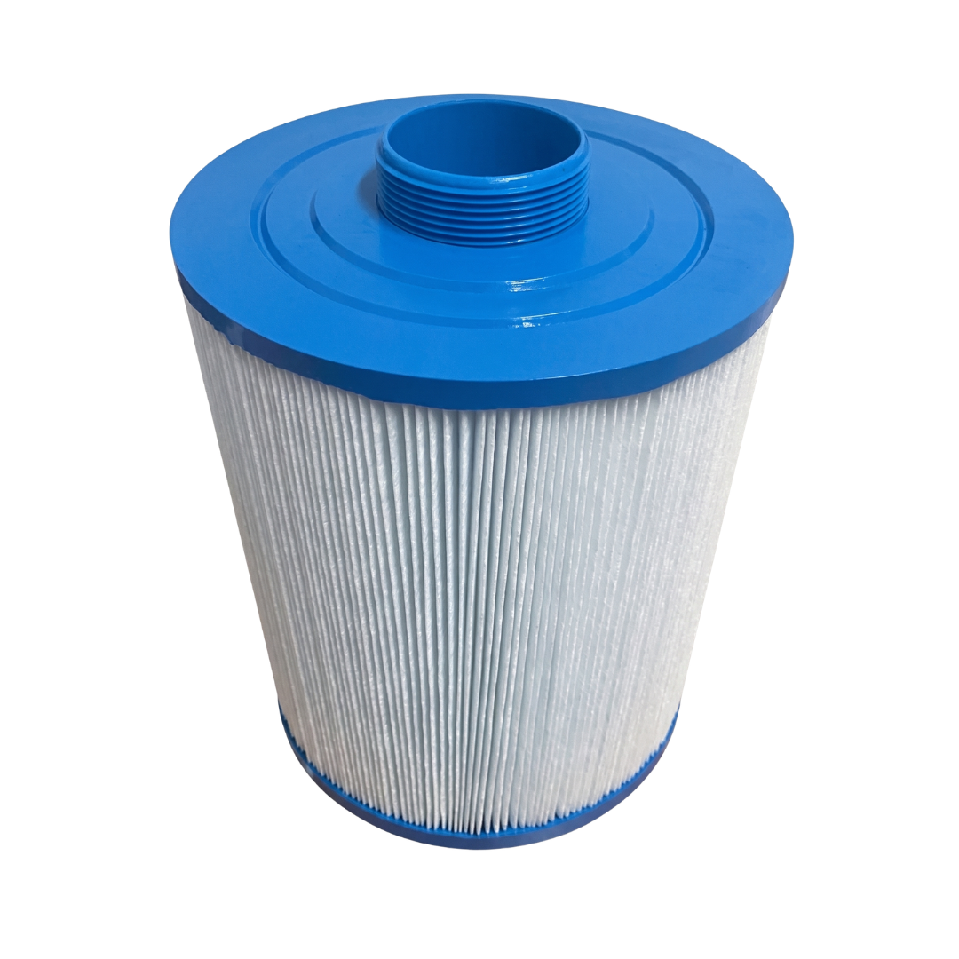 High-angle view of a blue pleated Artesian Spa filter cartridge showing the prominent male threaded bottom connection spigot.