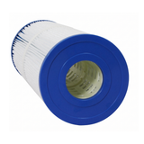 Angled front view of a 50 Sq Ft replacement filter cartridge for Artesian and South Seas Dyno Flo spas highlighting the blue open end cap and internal slotted core support