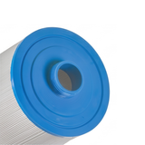 Close-up view of the blue threaded bottom connection spigot on a pleated Artesian Spa filter cartridge.