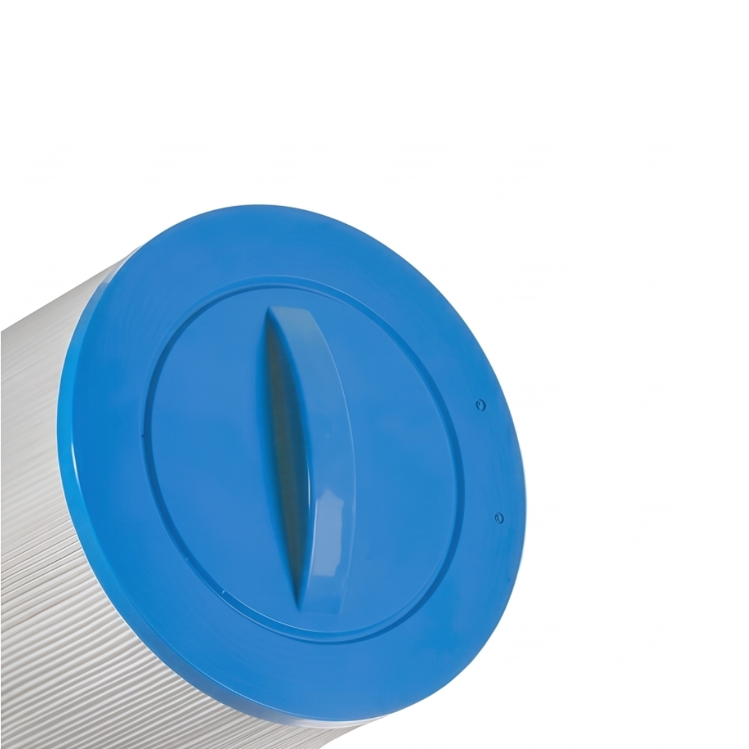 Detailed top view of a replacement washable hot tub filter cartridge showing the blue handle configuration, isolated on a white background.