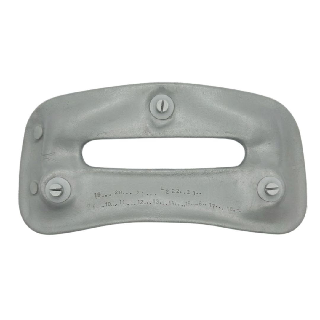 Rear view of a grey rectangular foam replacement headrest pillow for an Artesian hot tub, displaying three snap-in plastic attachment pins, a center oval cutout, and molded factory serial number grid markings.