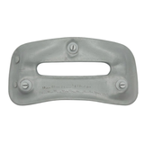 Rear view of a grey rectangular foam replacement headrest pillow for an Artesian hot tub, displaying three snap-in plastic attachment pins, a center oval cutout, and molded factory serial number grid markings.