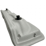 Close-up structural view of the reverse side of a light grey foam replacement lounger headrest pillow for an Artesian hot tub, focusing on the split black snap-in fastener peg and molded structural backing.