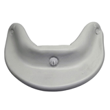 Direct reverse side view of a grey curved foam replacement neck headrest pillow for an Artesian hot tub, showing the smooth backing with a centered snap-in plastic attachment pin.