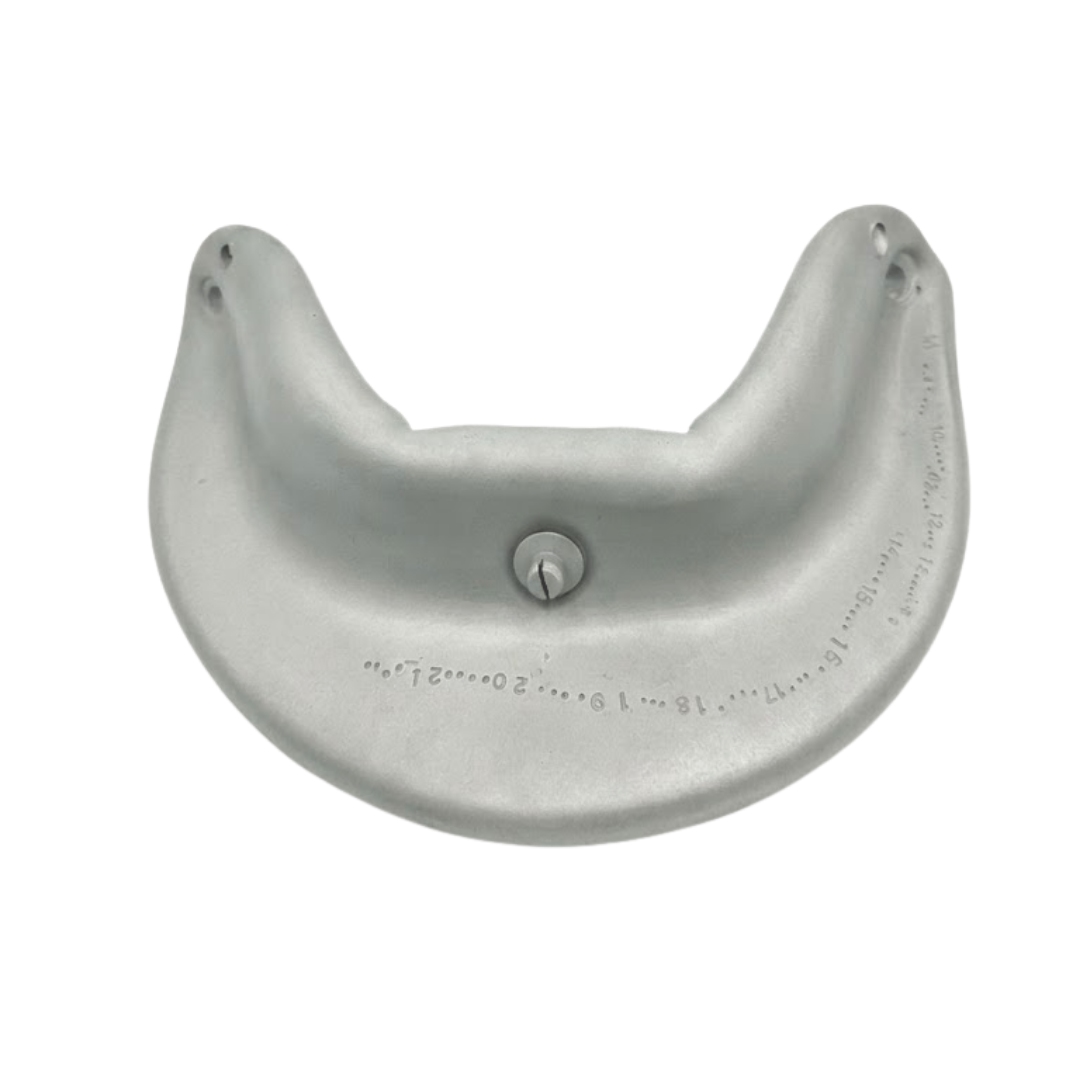Rear view of a grey curved foam replacement neck headrest pillow for an Artesian spa, displaying a single center plastic mounting plug peg and molded serial numbers on a white background.