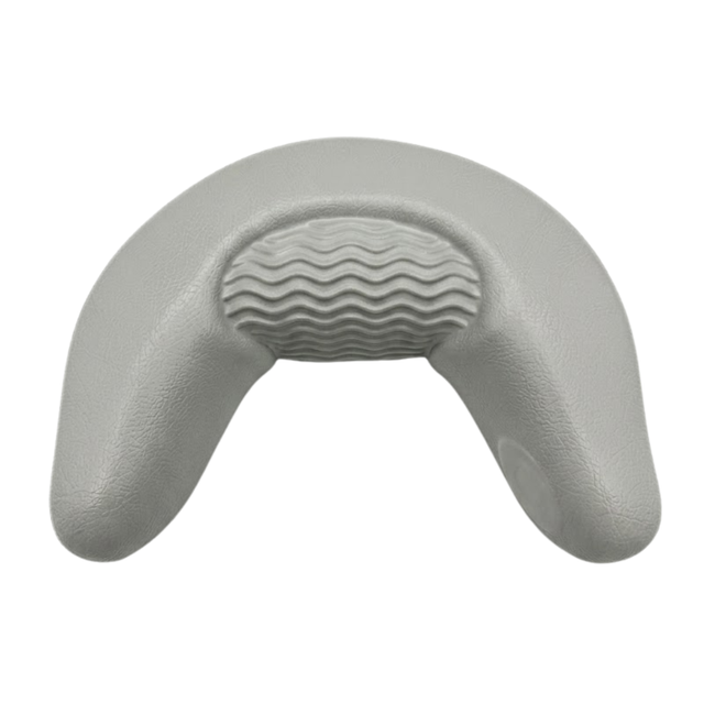 Front product shot of a replacement silver grey curved foam neck headrest pillow for Artesian spas, showcasing a wavy textured center insert and no brand logo.