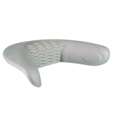 Side perspective view of a grey curved foam replacement neck headrest pillow for an Artesian hot tub, highlighting its contoured shape and wavy center textured panel against a white background.
