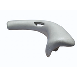 Side perspective view of a grey large wrap-around foam replacement headrest pillow for an Artesian hot tub, showcasing its ergonomic curved end profile and central oval cutout.