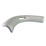 Side angle perspective view of a grey large wrap-around foam replacement headrest pillow for an Artesian hot tub, highlighting its contoured curvature and center oval cutout hole.