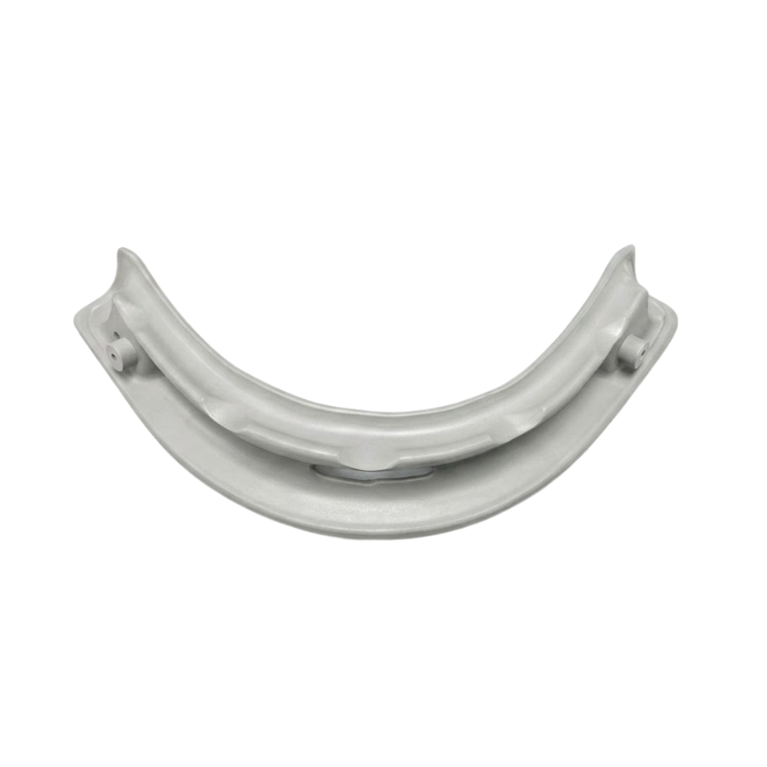 Rear view of a grey large wrap-around foam replacement headrest pillow for an Artesian hot tub, displaying the mounting channel tracks and dual alignment socket pins.