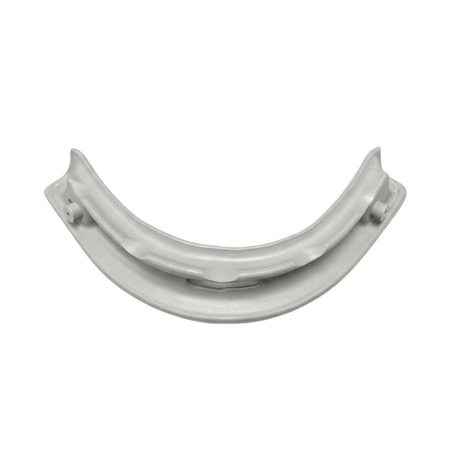 Rear view of a grey large wrap-around foam replacement headrest pillow for an Artesian hot tub, displaying the mounting channel tracks and dual alignment socket pins.