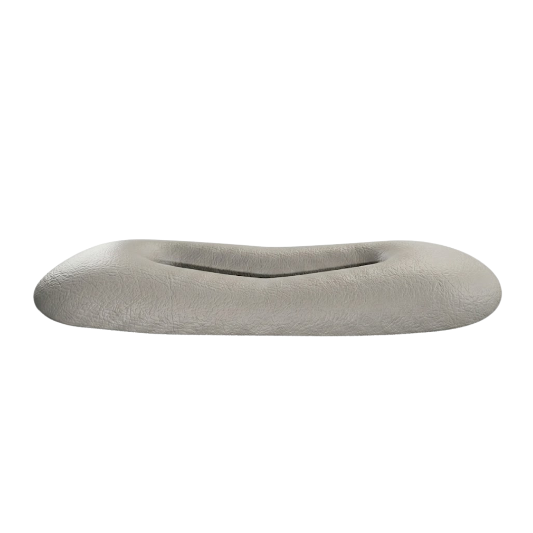 Front view of a grey rectangular replacement foam lounge waterfall headrest pillow for an Artesian hot tub, featuring a textured faux-leather surface and a central horizontal slot opening on a white background.