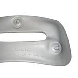 Close-up view of the right side reverse backing of a grey replacement foam lounge waterfall headrest pillow for an Platinum Elite Artesian hot tub, showing two snap-in plastic mounting pins and molded factory serial numbers.