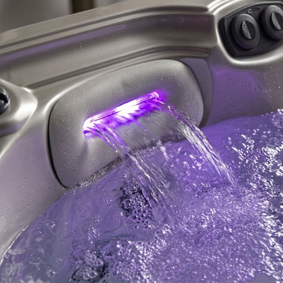 Close-up view of a grey foam lounge waterfall headrest pillow installed in an Artesian Platinum Elite hot tub, featuring purple LED backlighting illuminating the flowing water stream cascading into the spa basin.
