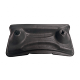 Rear view of a dark charcoal black foam replacement lounger headrest pillow for an Artesian hot tub, displaying the back contour structure with two black mounting pins and molded factory date grid markings.
