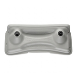 Rear view of a light grey foam replacement lounger headrest pillow for an Artesian hot tub, showing its molded back structure with two black attachment pins and stamped factory date codes.
