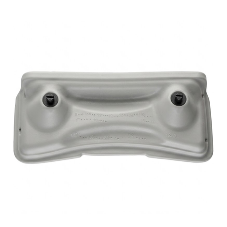 Rear view of a light grey foam replacement lounger headrest pillow for an Artesian hot tub, showing its molded back structure with two black attachment pins and stamped factory date codes.