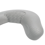 Close-up texture view of a grey foam replacement neck headrest pillow for an Artesian hot tub, focusing on the faux-leather grain finish and the wavy center cushion pattern.