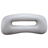 Front view of a grey rectangular replacement foam headrest pillow for an Artesian hot tub, featuring an elongated oval center cutout slot and a textured faux-leather surface against a white background.