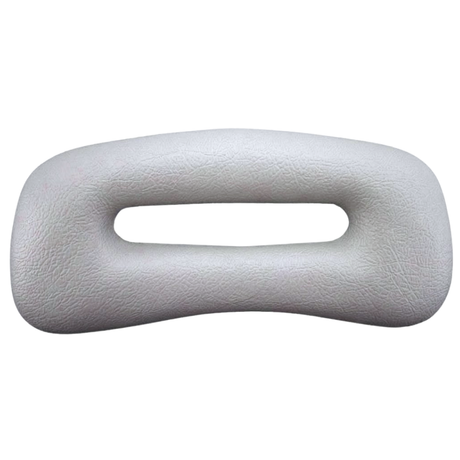 Front view of a grey rectangular replacement foam headrest pillow for an Artesian hot tub, featuring an elongated oval center cutout slot and a textured faux-leather surface against a white background.