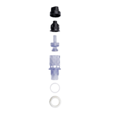 A vertical exploded parts diagram of an Artesian Spas spillway on and off water valve showing the control knob, internal stem plunger, clear body housing, washer gasket, and locking nut