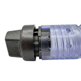 A macro close up horizontal view of an Artesian Spas spillway on and off valve highlighting the dark grey textured graphite control knob and clear plastic sleeve housing