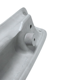 Close-up view of the reverse side of a grey replacement wrap-around headrest pillow for an Artesian hot tub, showing the molded alignment pin peg and factory serial number markings.