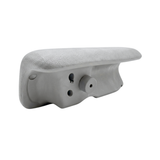 Underneath profile angle of a grey foam replacement wrap-around headrest pillow for an Artesian spa, detailing the textured upper cushion surface and the lower mounting assembly with a prominent alignment peg.