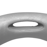Close-up texture view of a grey large wrap-around foam replacement headrest pillow for an Artesian hot tub, focusing on the oval center slot cutout and textured faux-leather finish.
