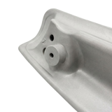 Close-up detail of the reverse side of a grey foam replacement wrap-around headrest pillow for an Artesian spa, showcasing a round molded mounting pin receptacle socket.