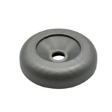 A three quarter side perspective view of a dark graphite grey 2 inch Artesian Spas diverter valve replacement cap showing its thick rounded profile rim and recessed center