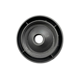 A top down overhead view of the underside of a dark graphite grey 2 inch Artesian Spas diverter valve replacement cap showing the internal female threads, molded support ribs, and central stem sleeve