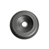 A top down overhead face view of a dark graphite grey 2 inch Artesian Spas diverter valve replacement cap showing the textured round bezel trim and recessed center with stem hole