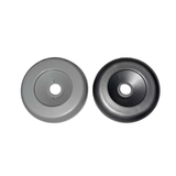 A top down side by side color comparison of the 2 inch Artesian Spas diverter valve replacement caps showing the light grey finish on the left and the dark graphite grey finish on the right
