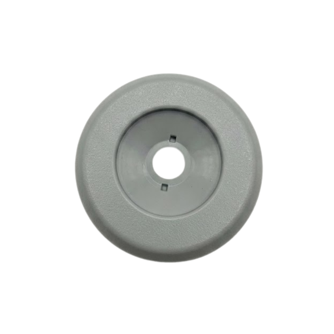 A top down overhead face view of a grey 2 inch Artesian Spas diverter valve replacement cap showing the textured round trim bezel and recessed center with stem hole