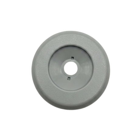 A top down overhead face view of a grey 2 inch Artesian Spas diverter valve replacement cap showing the textured round trim bezel and recessed center with stem hole