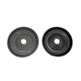 A top down overhead comparison view of the undersides of two 2 inch Artesian Spas diverter valve replacement caps showing the light grey threads on the left and dark graphite grey threads on the right