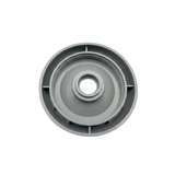 A top down overhead view of the underside of a grey 2 inch Artesian Spas diverter valve replacement cap showing the internal female threads, molded support ribs, and central stem sleeve