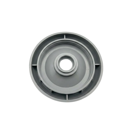 A top down overhead view of the underside of a grey 2 inch Artesian Spas diverter valve replacement cap showing the internal female threads, molded support ribs, and central stem sleeve