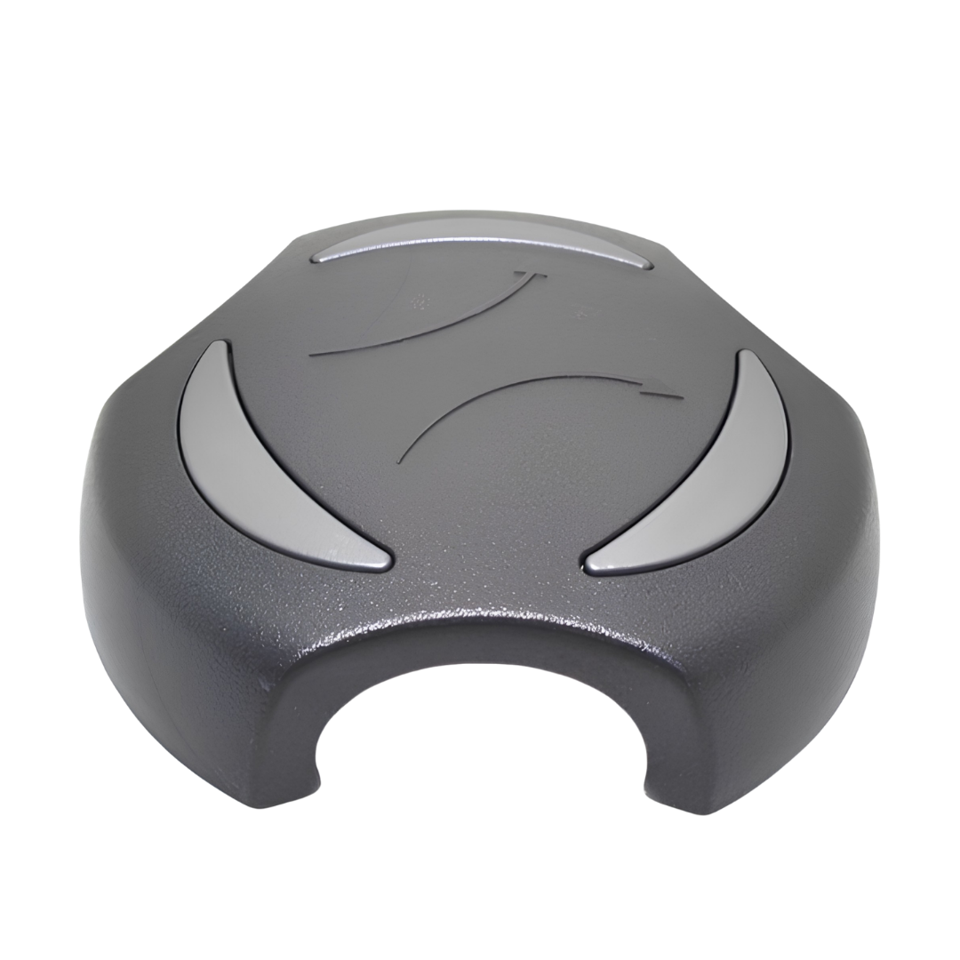 A low angle side perspective view of a black 2 inch Artesian Spas diverter valve replacement handle showing its thick dome height, silver accents, and ergonomic grip contour